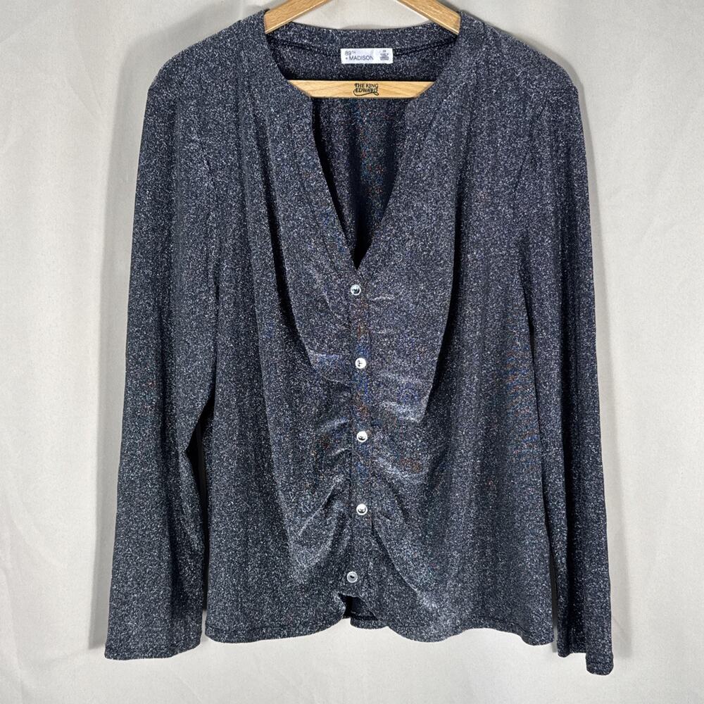 89th + Madison Women’s 1X Black Silver Metallic Shimmer Cardigan Ruched Glam Y2K